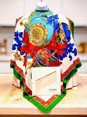 New W/Box Italy Made Renato Balestra 100% Silk Scarf 34" Green Ivery Red (66)